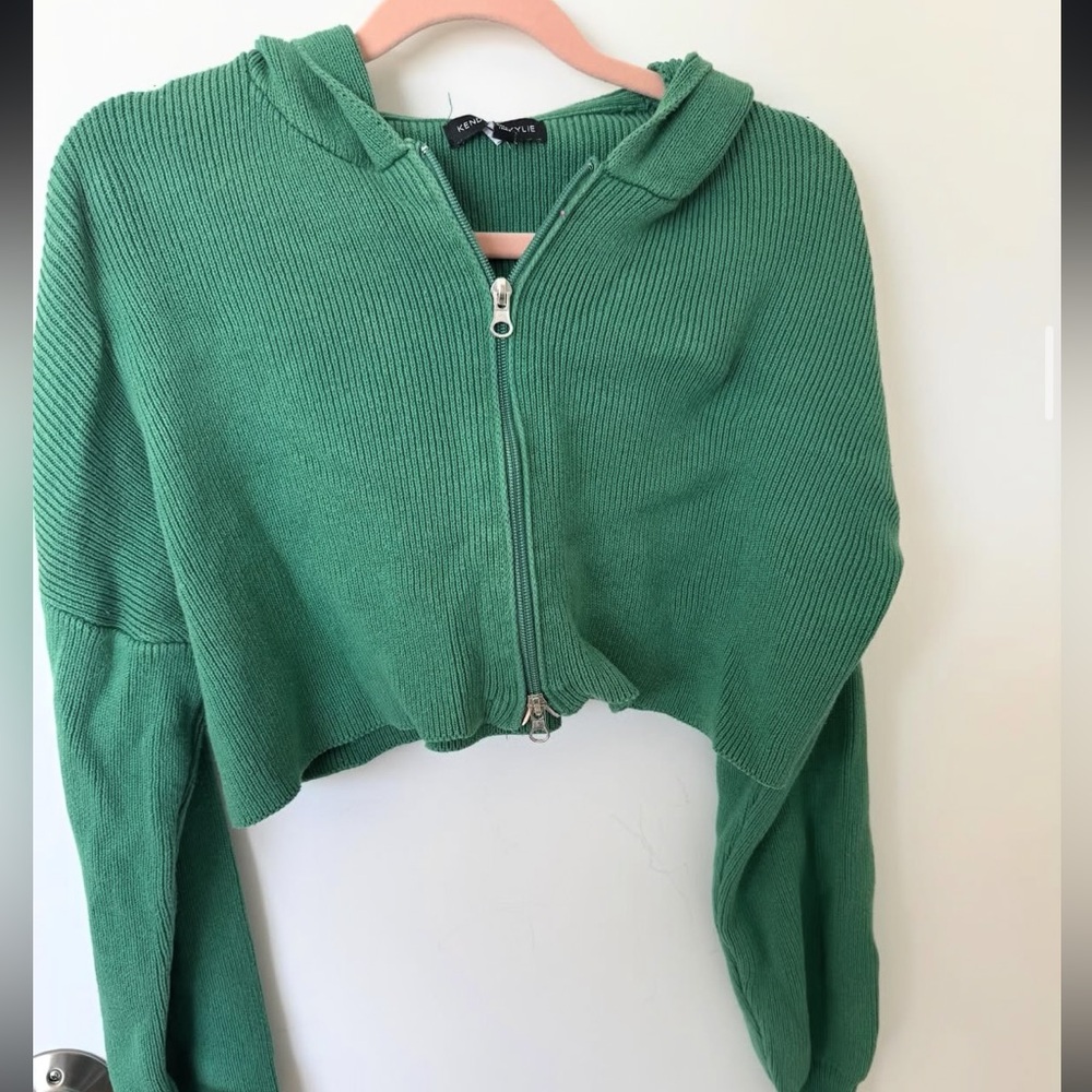 Kendall & Kylie Green Knit Zip-Up Top